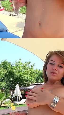 Tattooed Babe Stick Huge Toys in Her Wet Pussy Outside