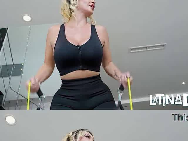 Curvy Blond in Constricted Shorts Trains With Her Ripped Instructor at Home