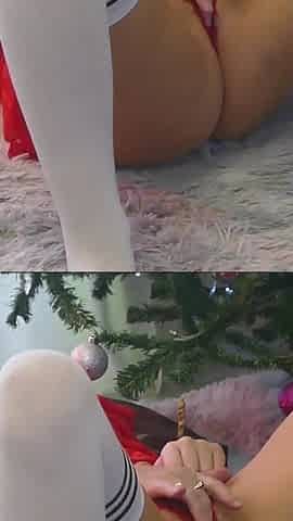 Orgasm Fucking Toy & Masturbating by Xmas Tree Wearing Red Mini Dress & Thigh High Socks