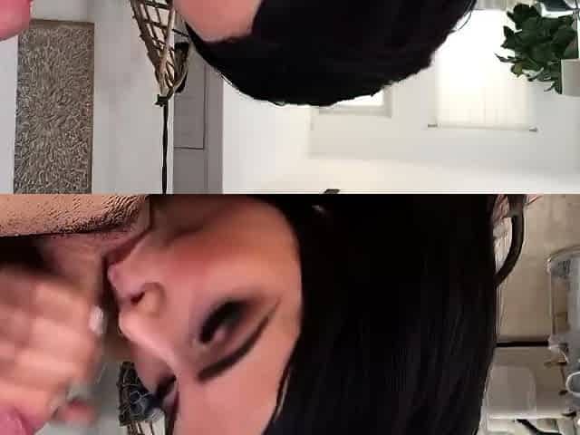 Big tit brunette sucks a big cock POV