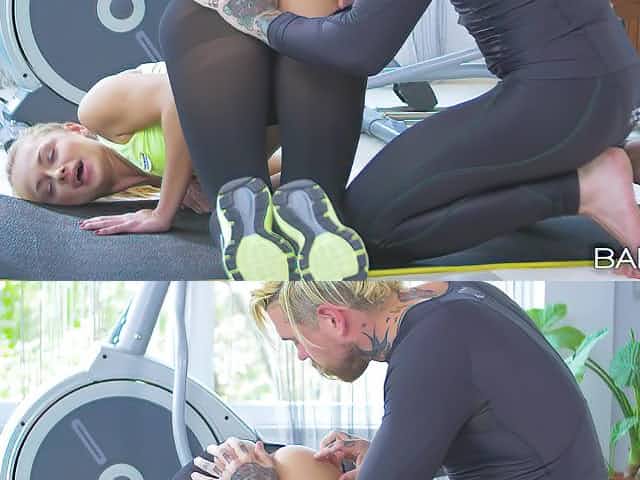 Sporty teen works out and sucks dick in flawless manners