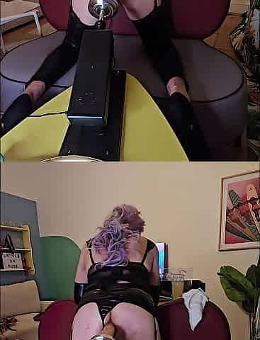 Hot Sissy lola purple hair and ebony latex get bang on sofa by sex machine
