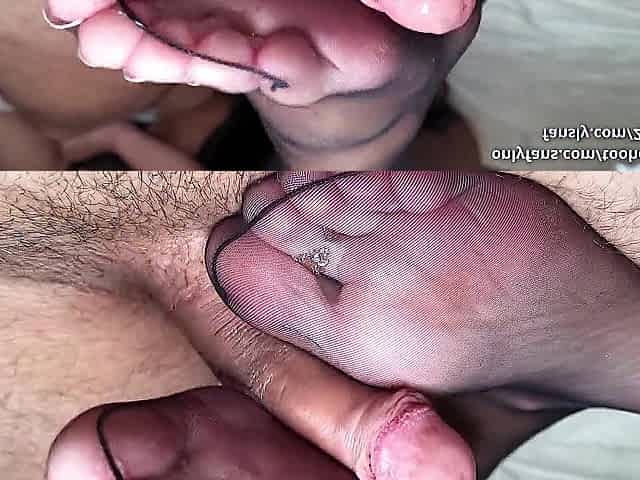 Friction sheer nylon footjob closeup with double spunk flow