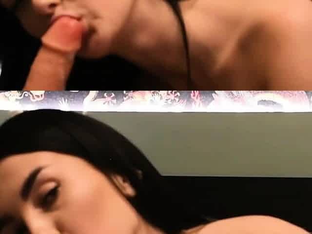 We watch as brunette sex slut mimics a bj on hard dildo