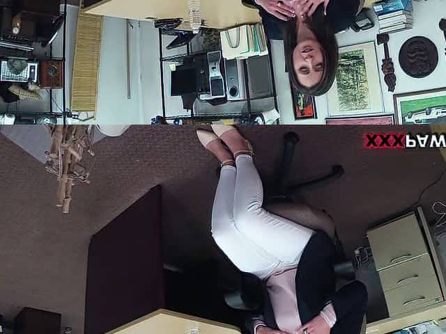 Desirous realty cowgirl with medium tits gets bent over a desk and fucked doggy style