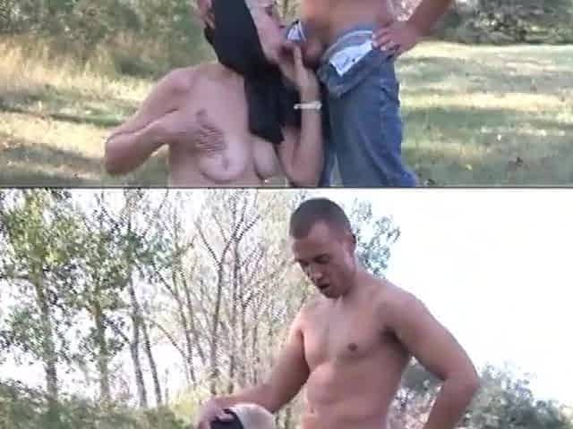 Youthful stud bangs old woman outdoors