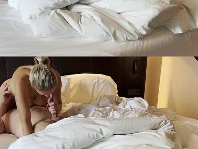 Amateur pair's romantic morning in a hotel, spouse woked up when wife started to suck his wang