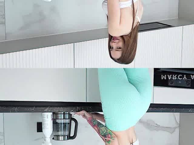 Spunk flow on a hotty's face whilst cleaning in the kitchen