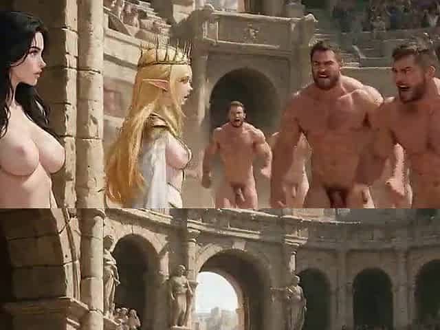 AI Generated Brunette hair Serf Group-fucked by Built Gladiators in Roman Colosseum Whilst Elf Queen Watches