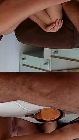 Footjob with purple high heels