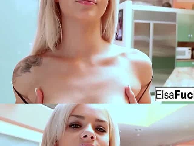 Teen beauty Elsa Jean plays with herself in the kitchen
