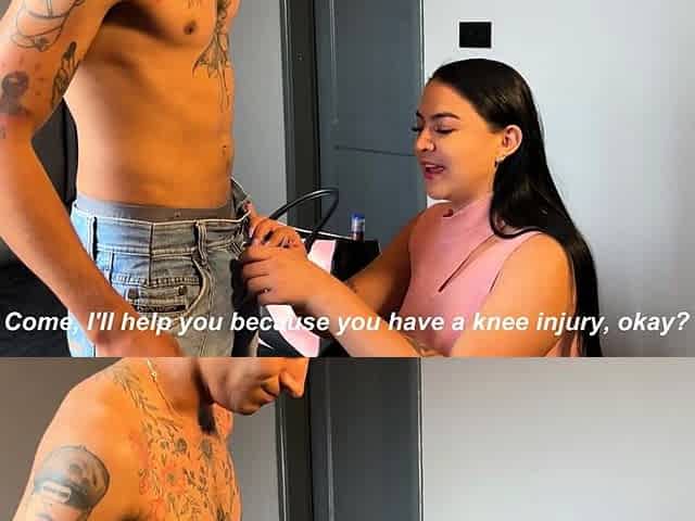 Busty masseuse relieves my knee pain by massaging my cock -