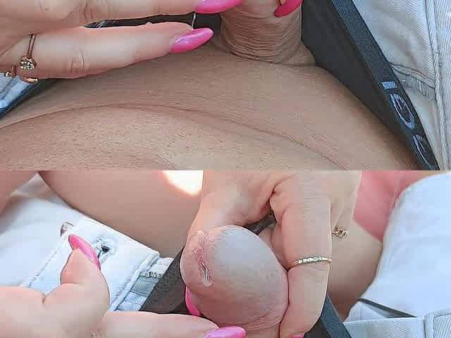 Stroking my stepson hard rod outside in public with lengthy painted nails bizarre close up tugjob.