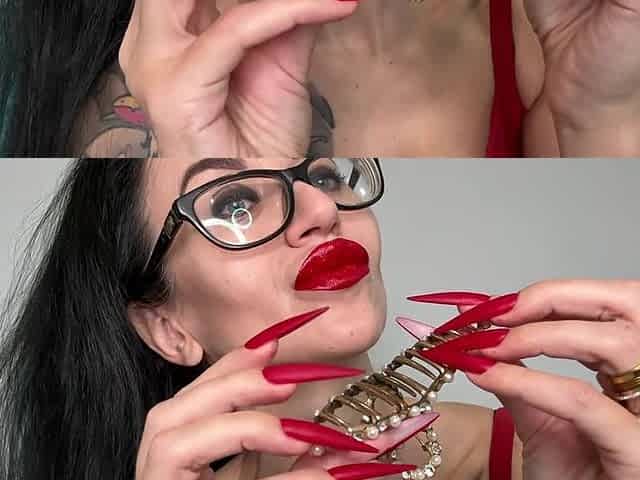 Red Matte Color Long Nails, Claws, Long Flexible Fingers Wide Palms, Skin Scratching, Red Lipstick