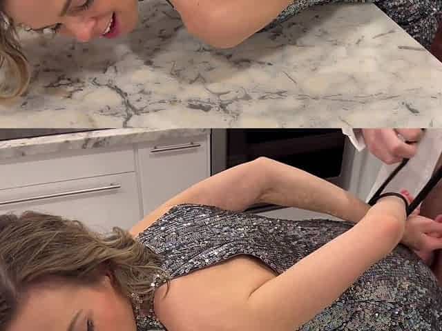 Wife Fucked and Shared in Party Dress by Husband and Friend in Kitchen Sloppy Seconds