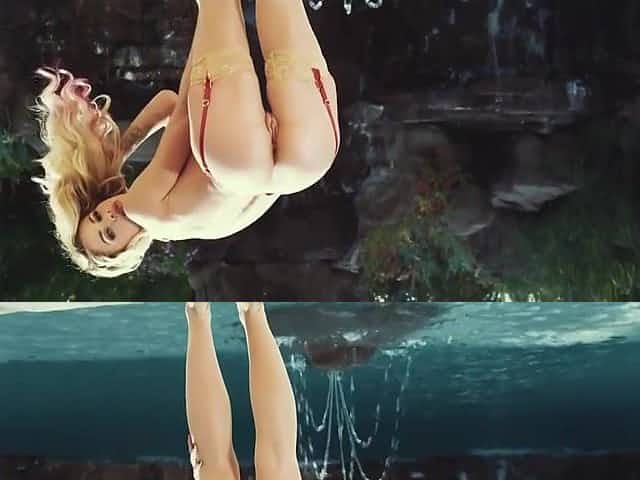 Glamorous, blond model in erotic, red underware, Jessa Rhodes rides a goth hard jock like a pornstar