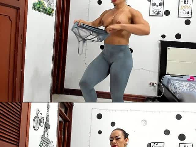 Full Body Workout, Nude Muscle Flex and Squirt with Extreme Muscular MILF