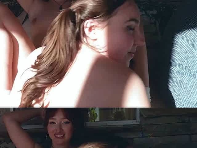 Pink labia close up of naive brunette playing with her name
