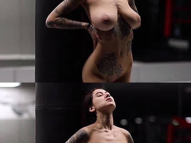 Busty curly brunette with big boobs fucks on couch