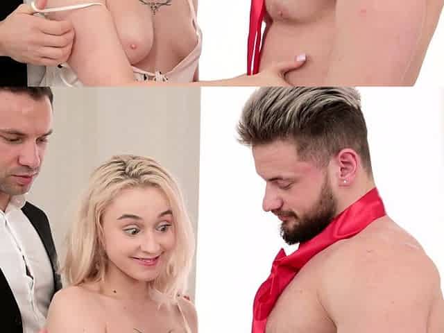 Flexible blonde gets pounded in all holes by meaty guys