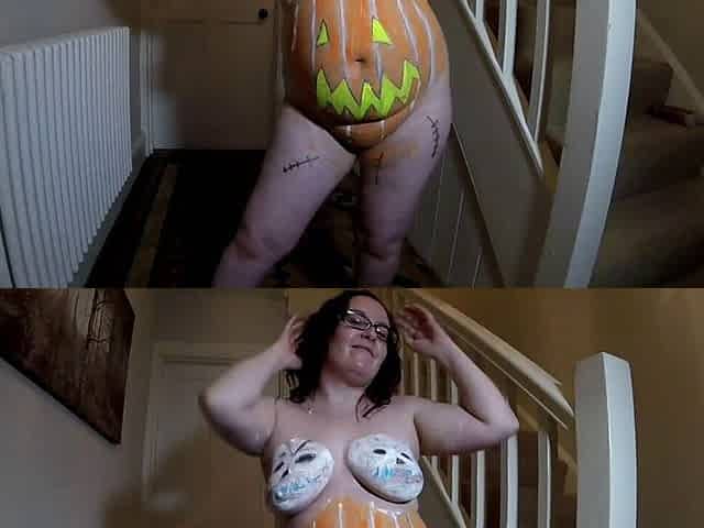 Trying on Halloween Body paint Pumpkin and Skulls
