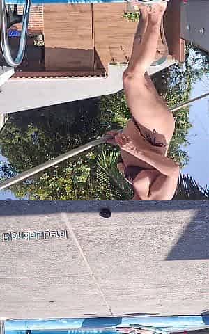 At My Ally's Abode, Tidying up the Pool Area, Chatting Immodest and Showing off