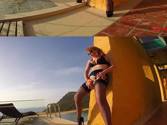 Hawt older Red XXX masturbates outside by the pool