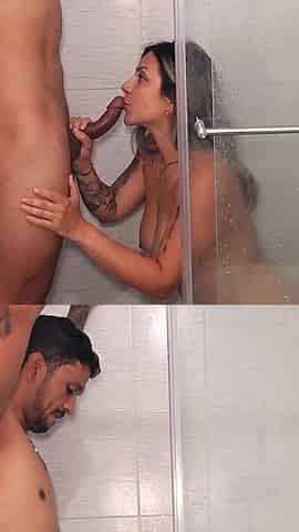 Colombian MILF Welcomes Couple Into the Shower to Give Them a Blowjob