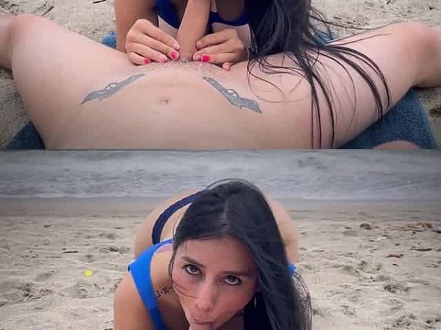 POV Deep Throat on the Beach with My Stepsister on Vacation