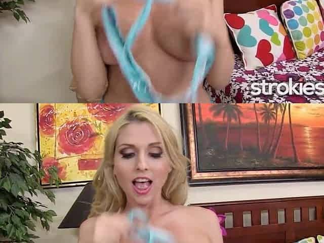 Breasty blond Christie Stevens proves this babe's a pro in handling a knob