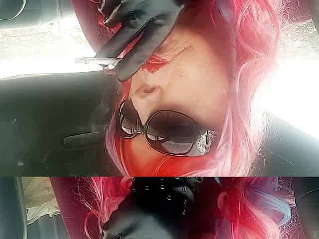 Older TG CD Rainbow Wig Leather Gloves Smokin' VS120s like a PRO in her car