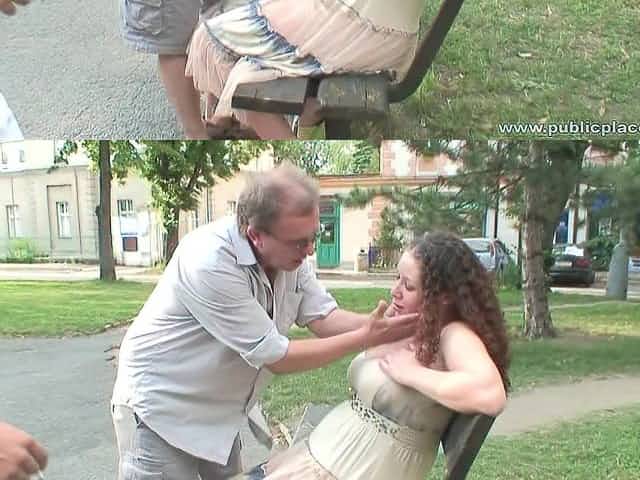 Chubby babe gets fucked by three dudes in the park