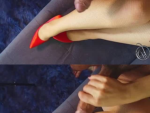 Red high heels footjob fetish and mutual masturbation
