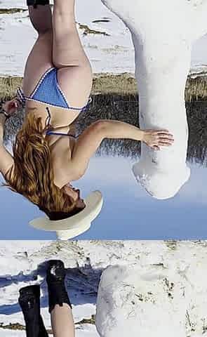 Redhead Slow Strip Rubbing Body on Snow Dick Sculpture