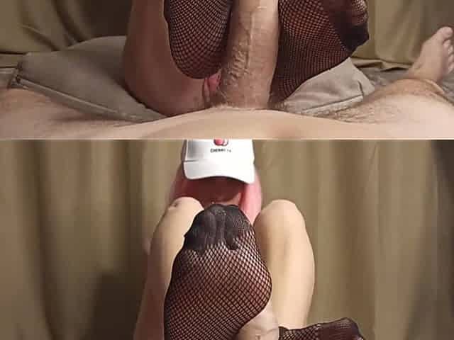 Footjob in Black Nylon Fishnet Ankle Socks From Hot Girl
