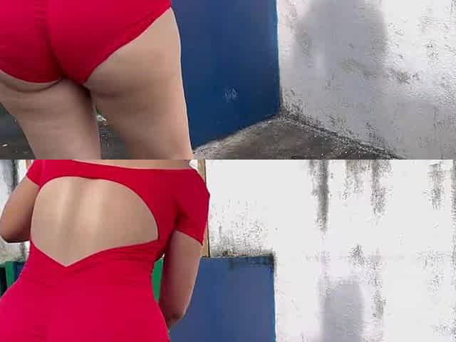 Stepmother washing the pool in a red swimsuit