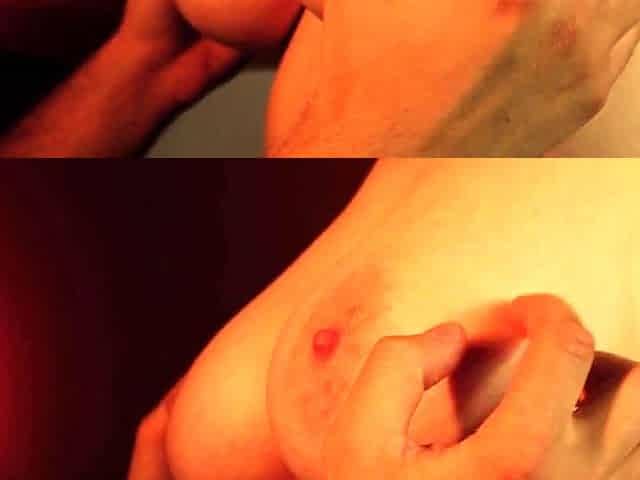 Massaging big-titted MILF, cumming on her breasts