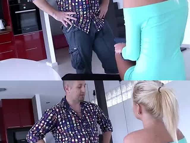 Golden-haired agent in mini petticoat and high heels bangs customer