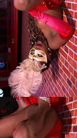 Lovely masked ebony gets a warm load in her mouth