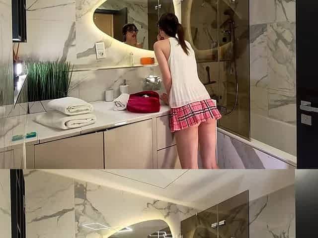 Hottest Brunette Babe Beautiful Girl in the Bathroom Loves to Show off Her Pussy and Cute Butt Under Miniskirt