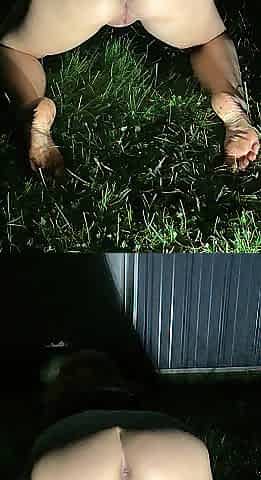 Gal pees on all fours in the yard from behind