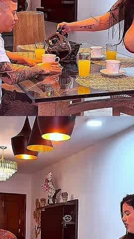 Stepson Cum on His Stepmother's Huge Tits During a Family Breakfast - Savannah Watson