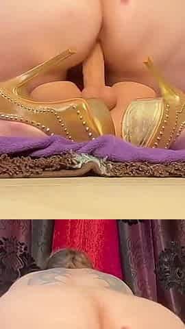 Reverse Cowgirl Dildo Riding Wearing Gold High Heels.