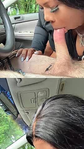 BBW Ebony Sucks White Cock from Passenger Seat