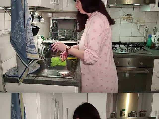 Preggo woman does tit jack off in the kitchen after washing the dishes