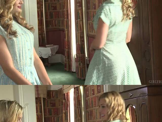 Lesbians in vintage dresses and lingerie make erotic love