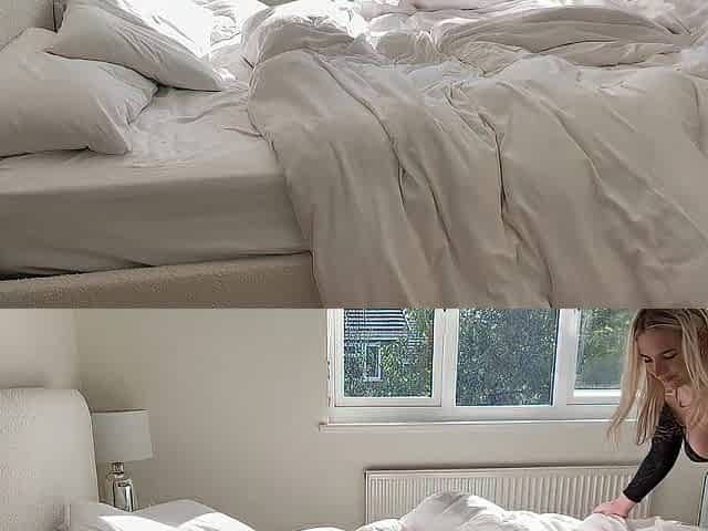 Hawt Blond Making The Daybed In A TRANSPARENT Bodysuit