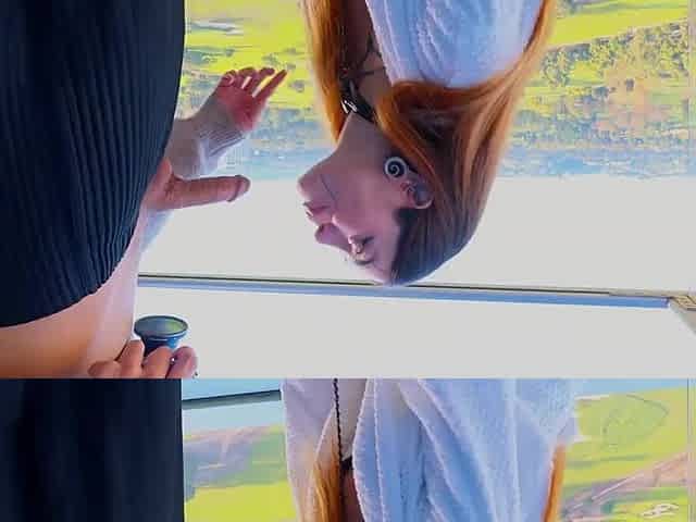Skinny and tattooed slut has her throat and asshole stuffed on a glass balcony