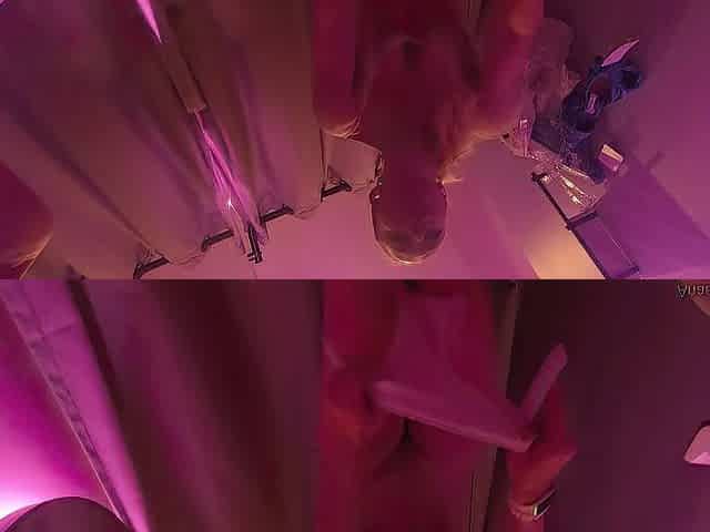 In a public fitting room, a nude gal with a soaked booty tries on pants and underclothes. Caught mastu