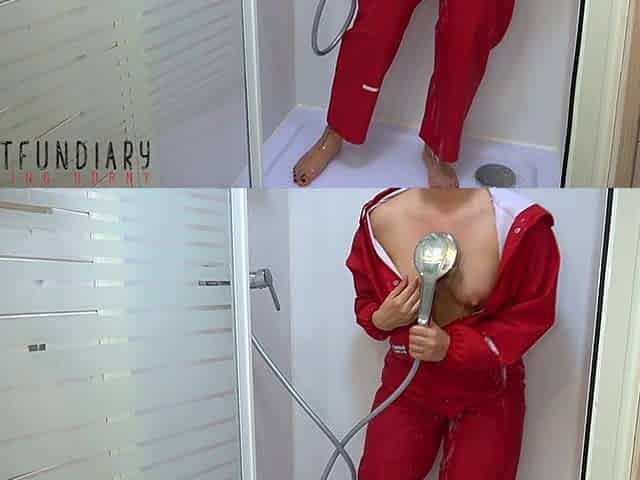 Girl Next Door in Red Rubber Rain Suit Gets Juicy Wet Shower Fuck - Projectfundiary